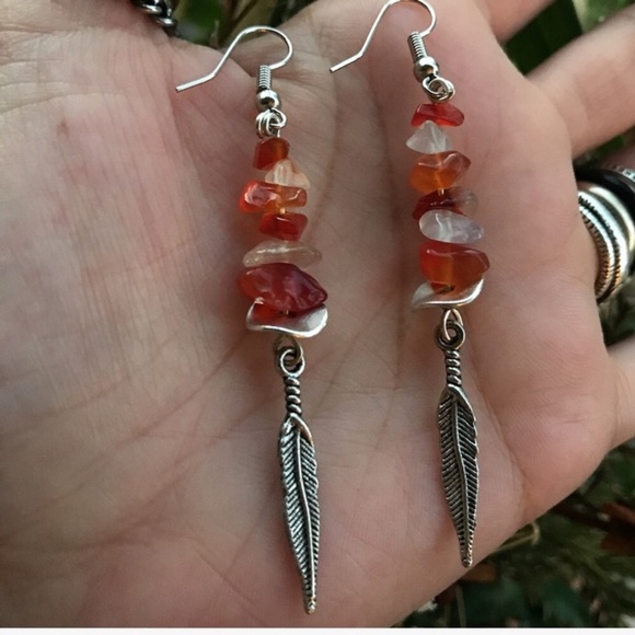 carnelian & quartz feather dangly earrings stainless steel posts - Picture 5 of 7